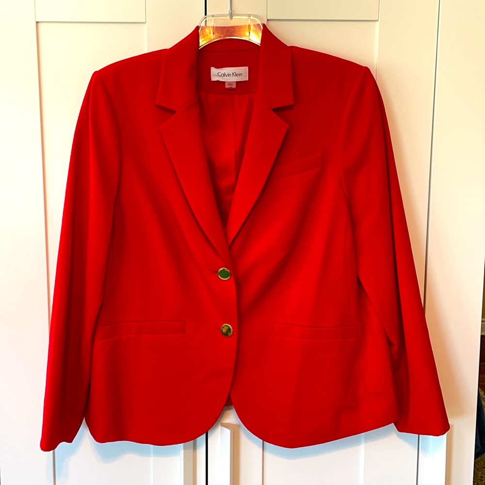 Red Calvin Klein suit jacket